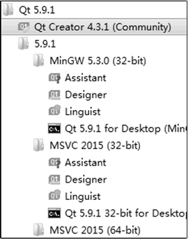 安装后“开始”菜单中的QT5.9.1程序组