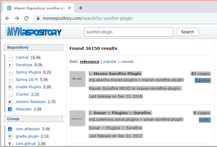 中央仓库查询surefire插件