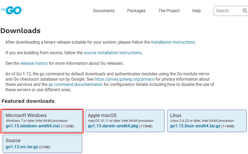Go语言安装包下载页面