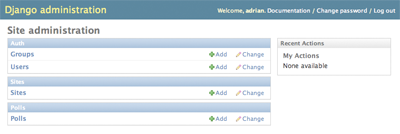Django admin index page, now with polls displayed