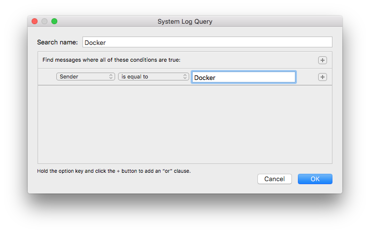 Mac Console search for Docker app