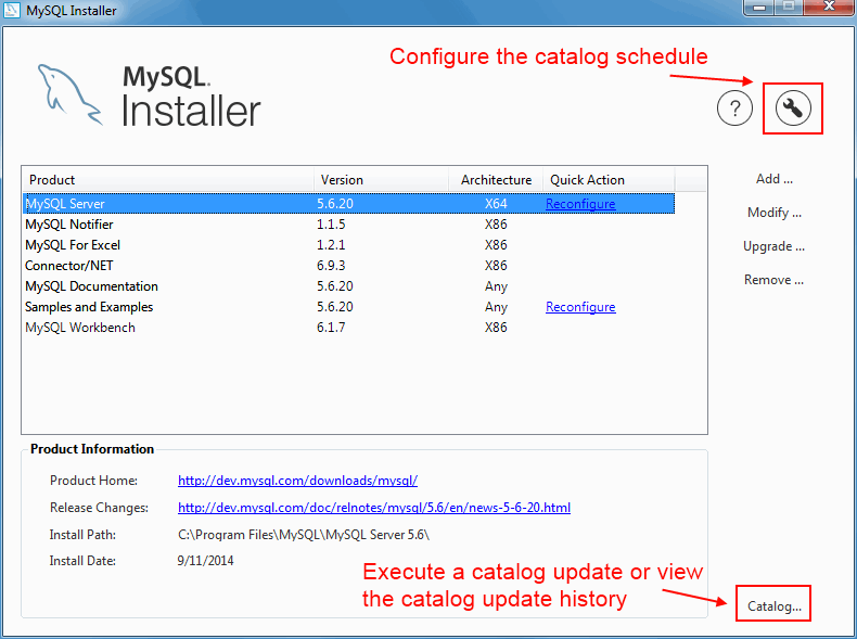 MySQL Installer - Open the MySQL Product Catalog