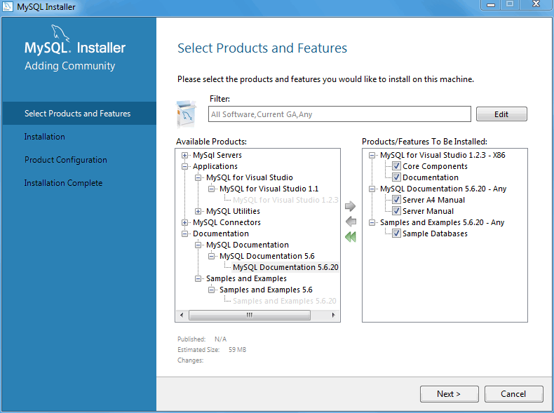 MySQL Installer - Select Products and Features