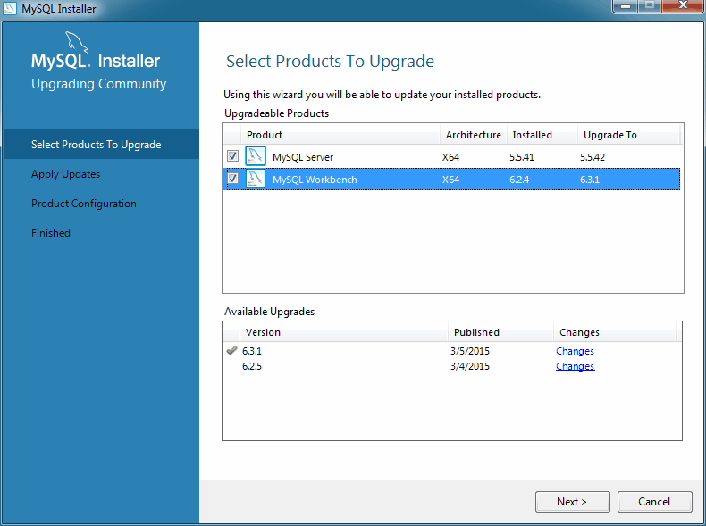 MySQL Installer - Select Products To Upgrade