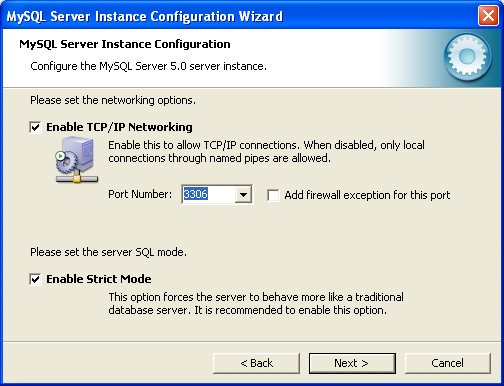 MySQL Server Instance Configuration Wizard: Network Configuration